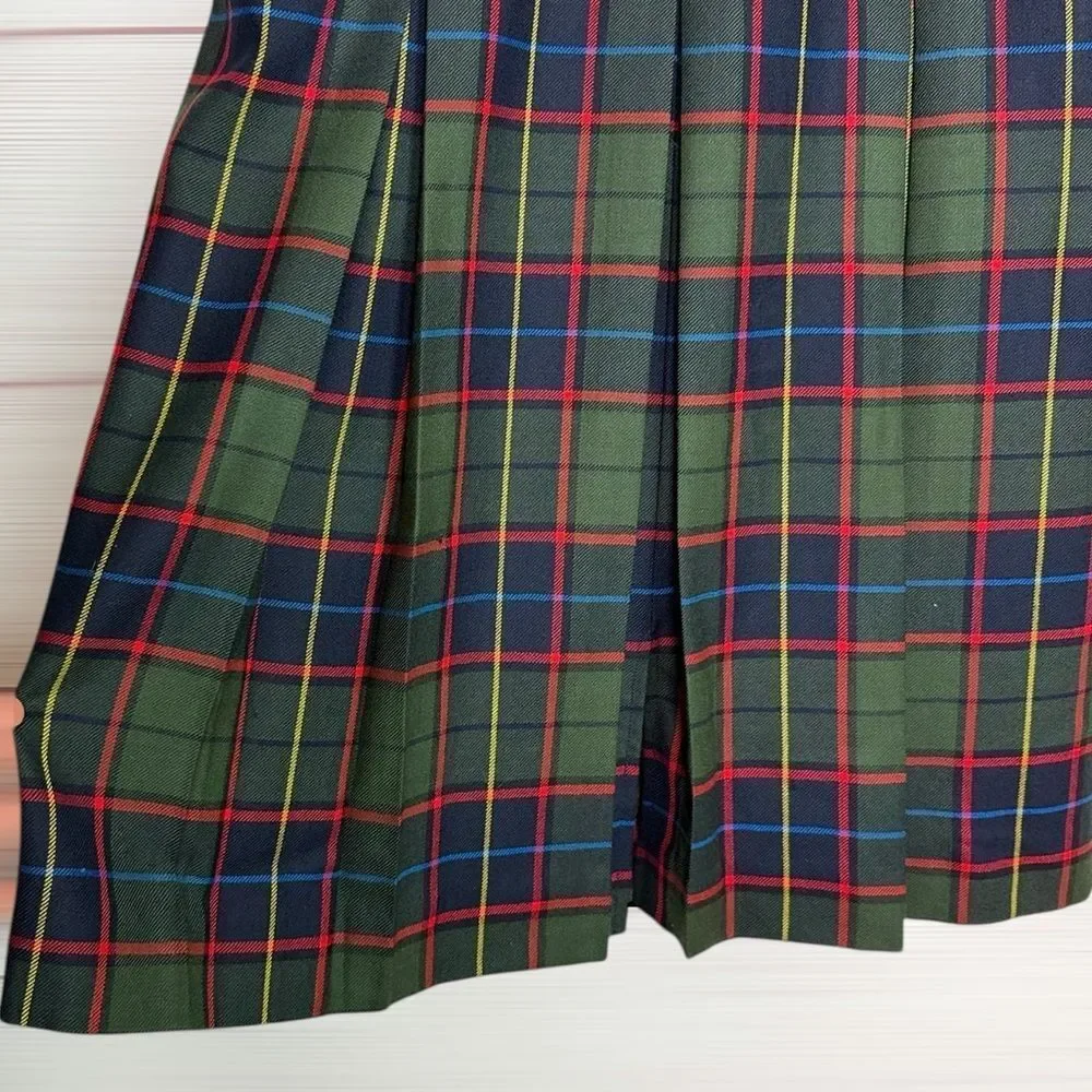 Vintage Midi Tartan Pleated Skirt Green Wool Pockets BIANCA Germany 36 US 6